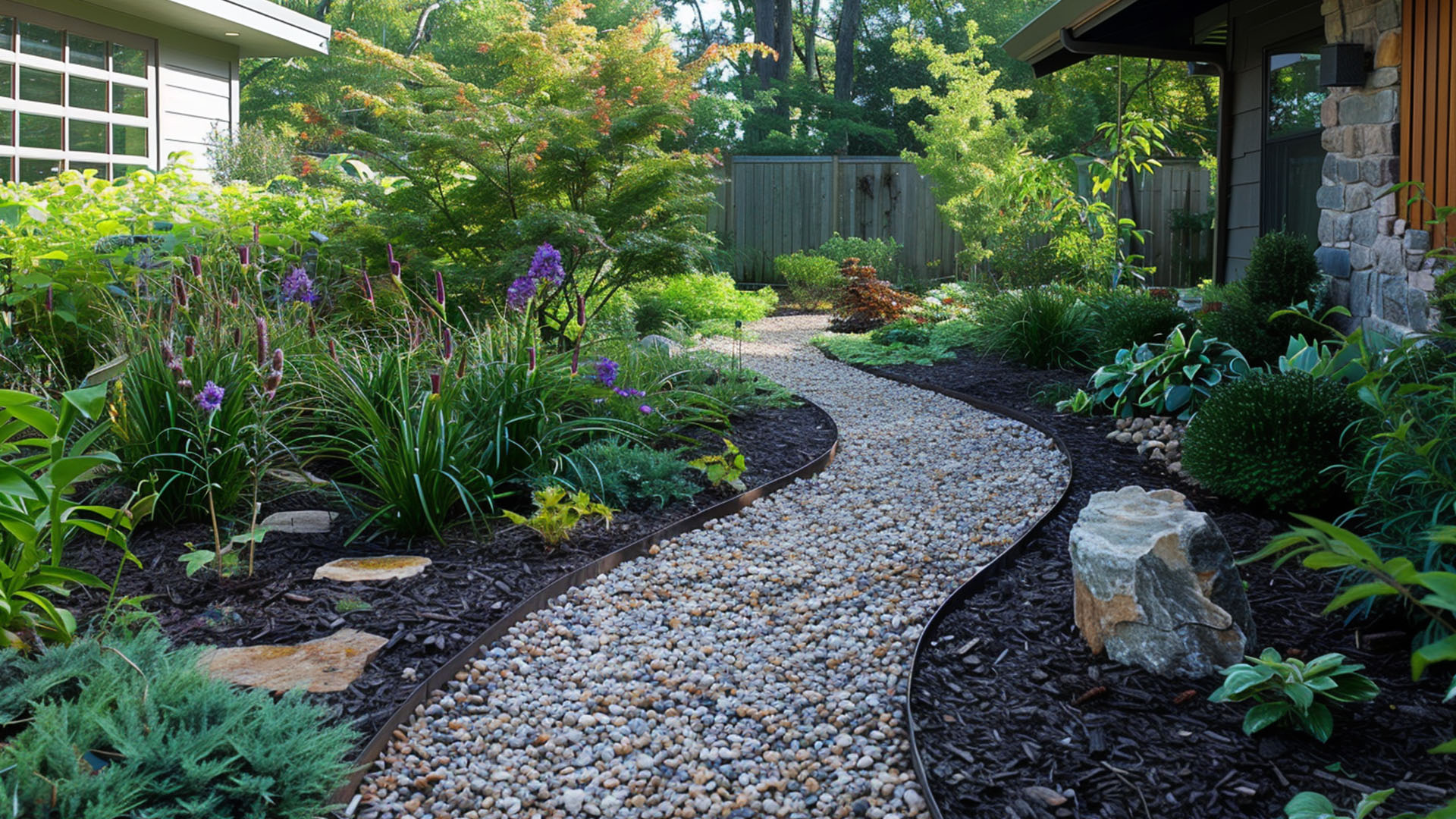 A peaceful backyard scene with a gravel pathway, bordered by shrubs and trees, offering a functional and aesthetic addition to the outdoor space.